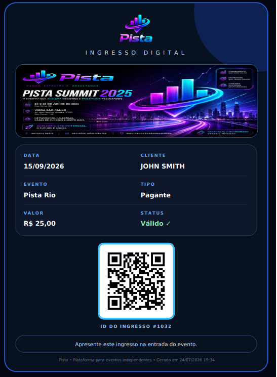 Exemplo real de ingresso digital com QR Code no Pista