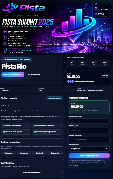 Página pública real de venda antecipada de ingressos no Pista